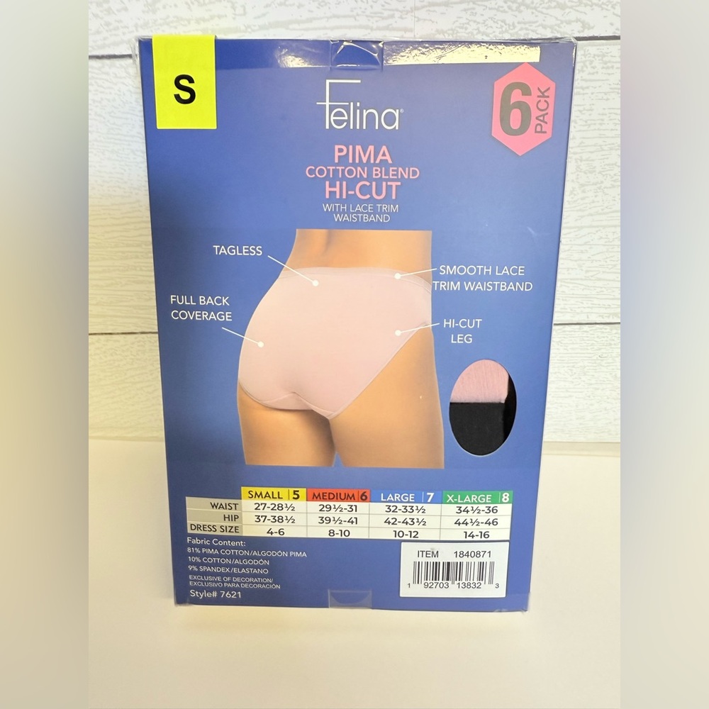 Felina Pima Cotton Blend Hi-Cut Panties Multi Color 6-Pack Size Small New - Picture 2 of 2